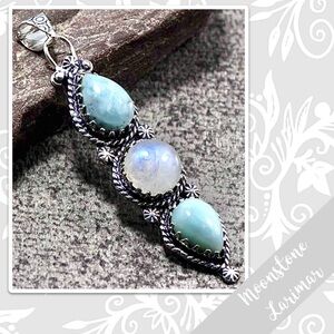 Rainbow Moonstone, Larimar Southwest-Style Silver Artisan Pendant 3” (Aqua Blue)